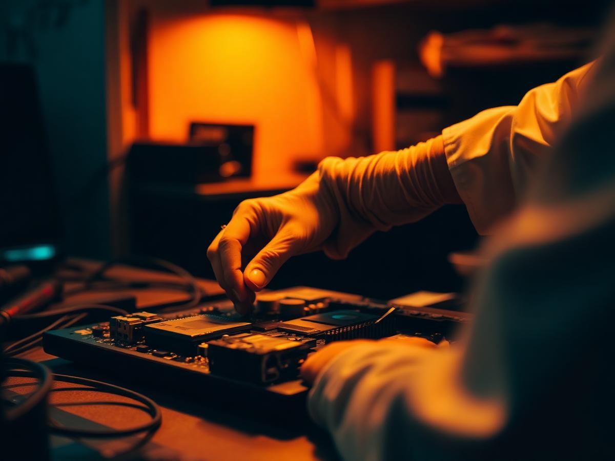 Technician repairing a laptop motherboard