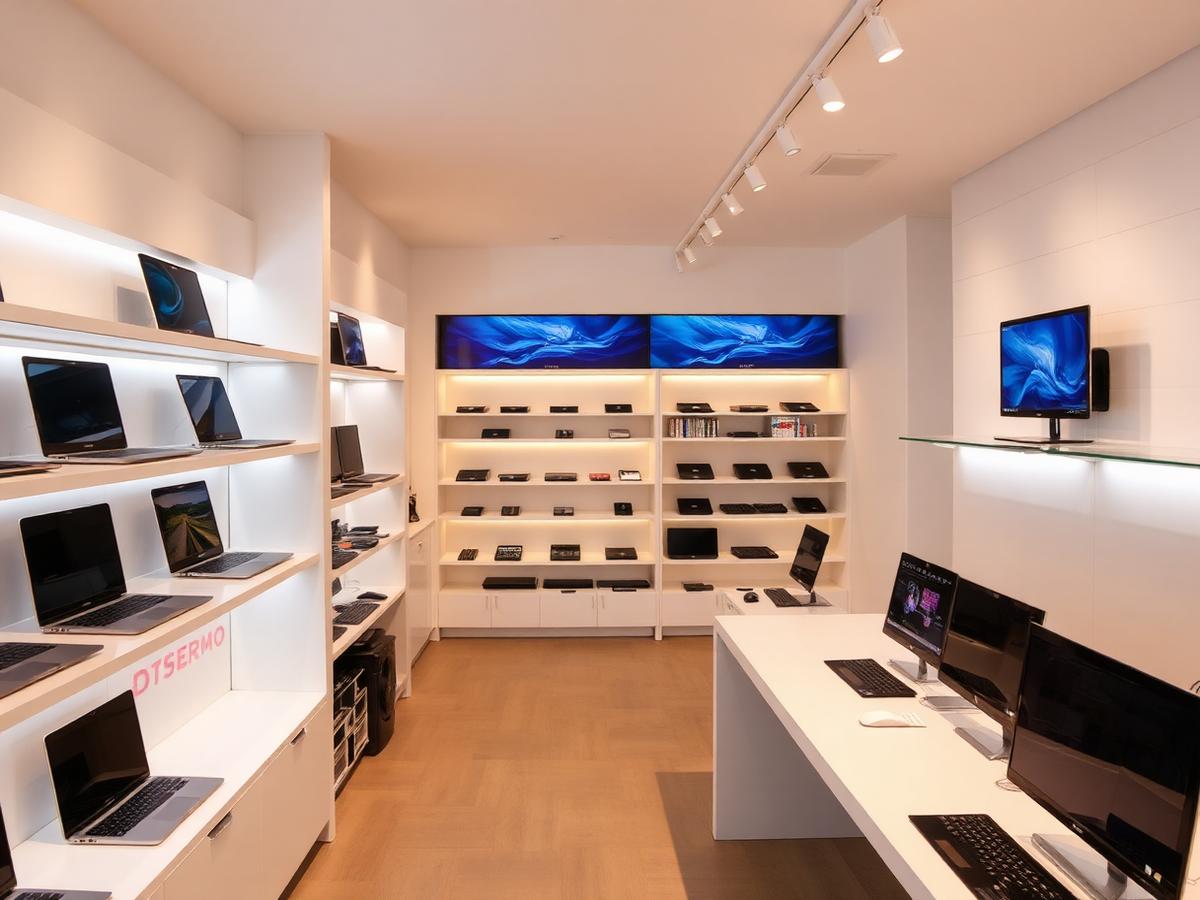 Interior of the computer store with laptops on display